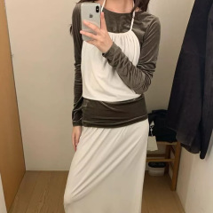 现货 2025秋季新款韩版mo*oha复古丝绒半身裙/纯色圆领上衣套装女