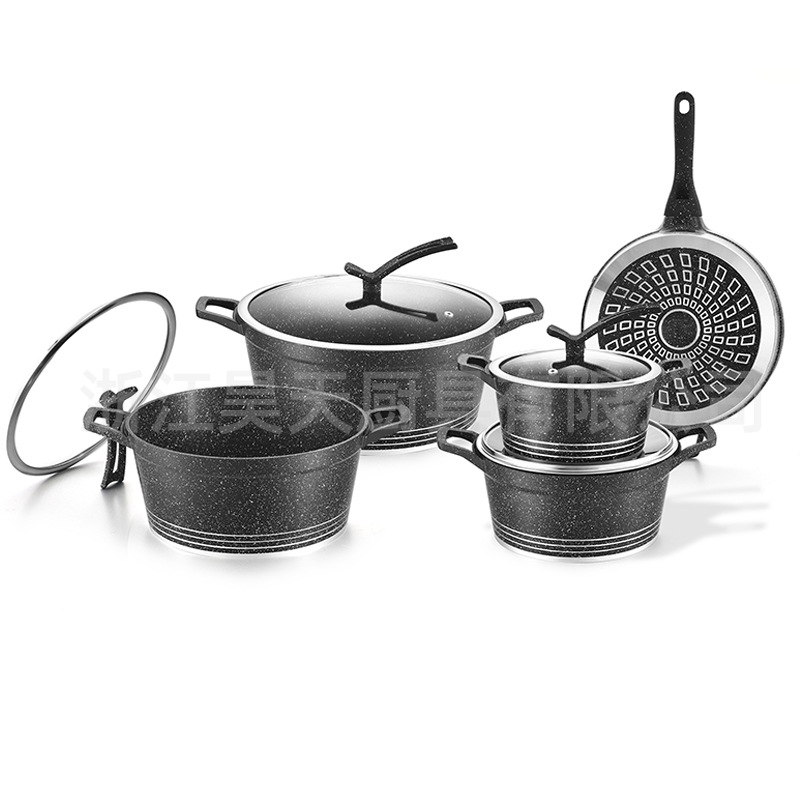 Juego de sartén antiadherente, sartén de piedra médica, cocina de aluminio, venta directa de fábrica para el hogar, olla de sopa transfronteriza de diez piezas al por mayor