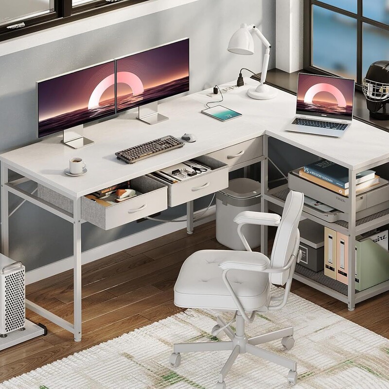 L-shaped computer desk with drawer with power socket for home office games movable CPU stand desk