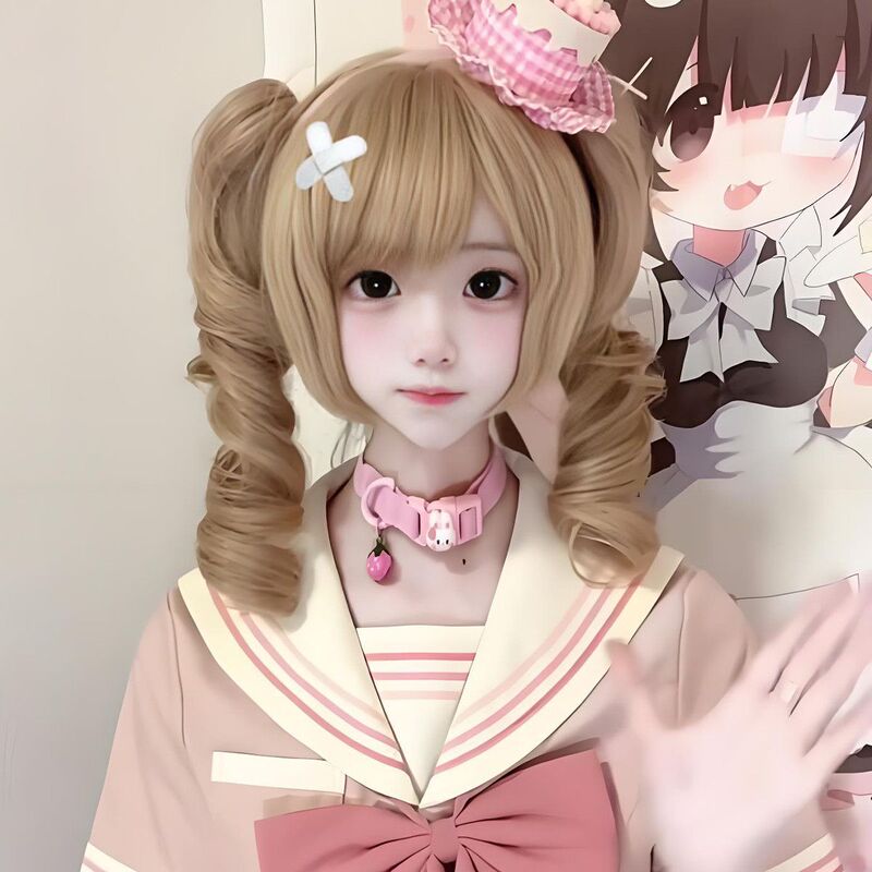 Doll Roman Curly Wig Female Lolita Golden Curly Hair Cute Finished Product Clip Wavy Short Hair Wig Set