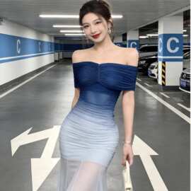 御姐绝美气质一字肩蓝色晚礼服裙女感渐变色网纱包臀鱼尾裙子