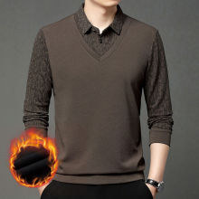 正品秋冬新款男士长袖t恤假两件针织衫加绒百搭衬衫领休闲商务