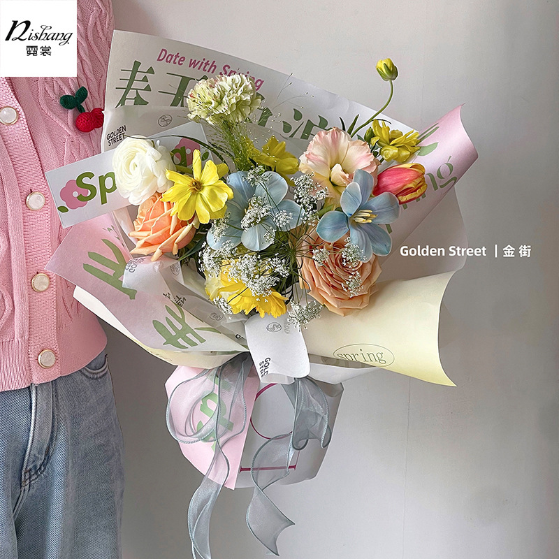 春日新款打包春天系列鲜花花束包装纸印花英文牛皮纸包花纸diy材
