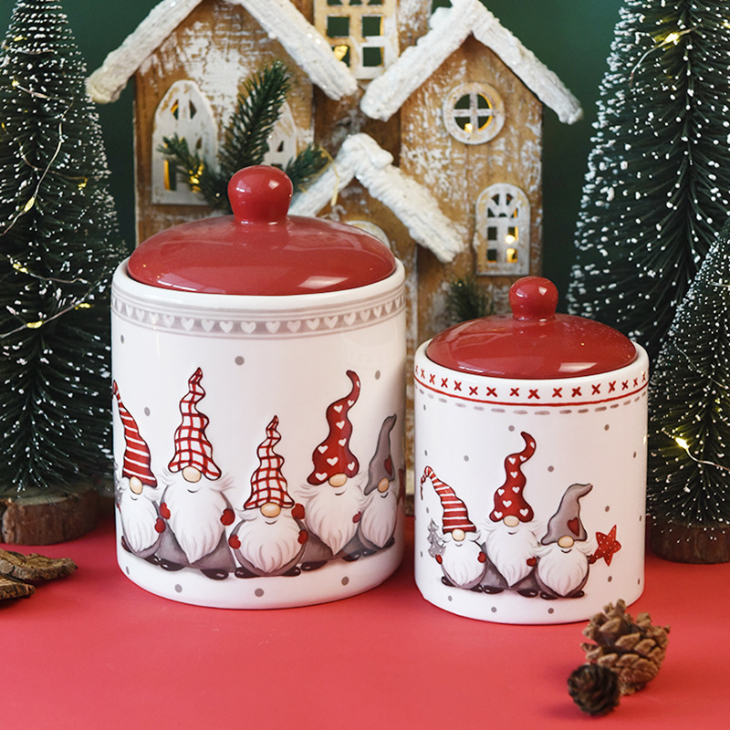 Esmalte cubiertos de color mayorista y minorista Navidad cerámica redonda gran lata de almacenamiento lata de cocina lata de almacenamiento