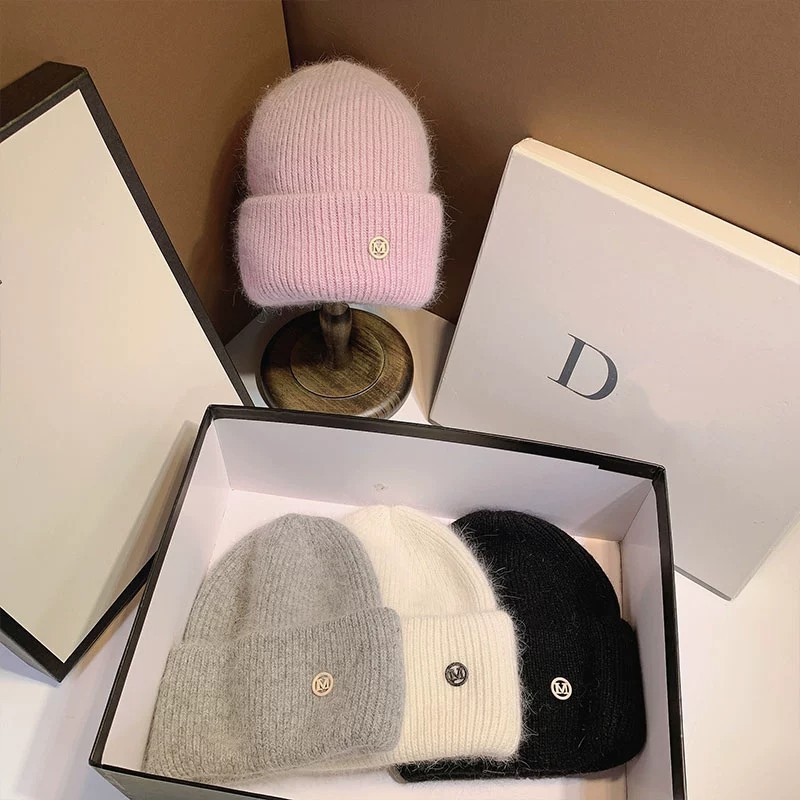 Wool Cap Hats Type Thick Knitted Hat With Rabbit Fur Winter Warmth Ear Protection Wool Lining Large Head Size Wool Hat Basic