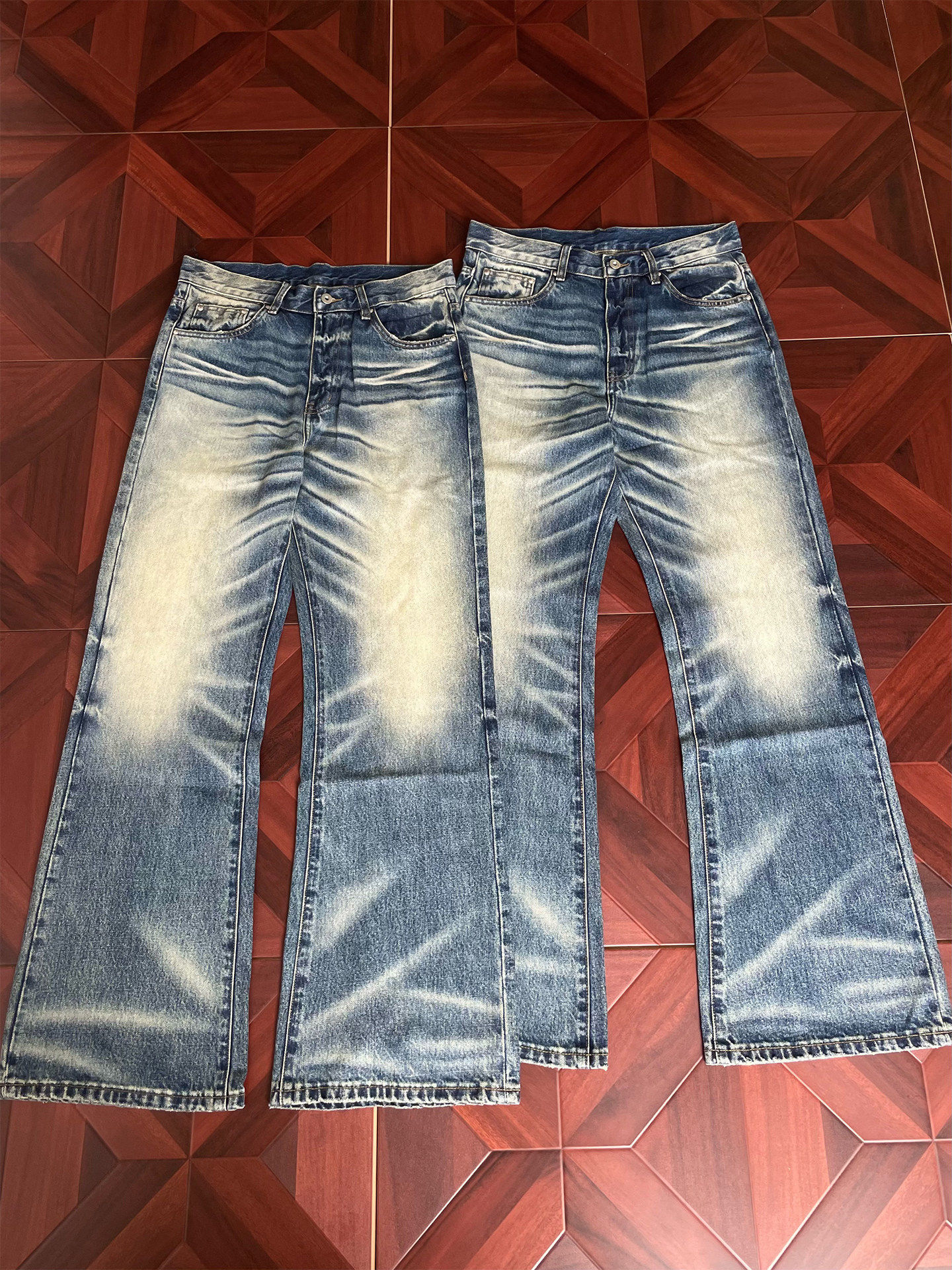 190 Tall Men's Vintage Washed Distressed Cat Whisker Retro Jeans Loose Fit Commuter Slightly Flared Straight Pants