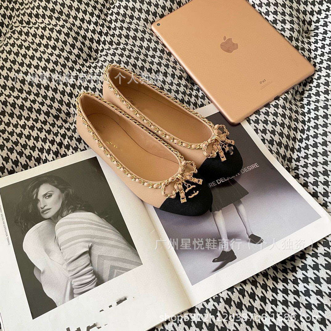 New 2025 Women's Ballet Shoes with Chain Bowknot, Flat Round Toe Shallow Mouth Single Shoes