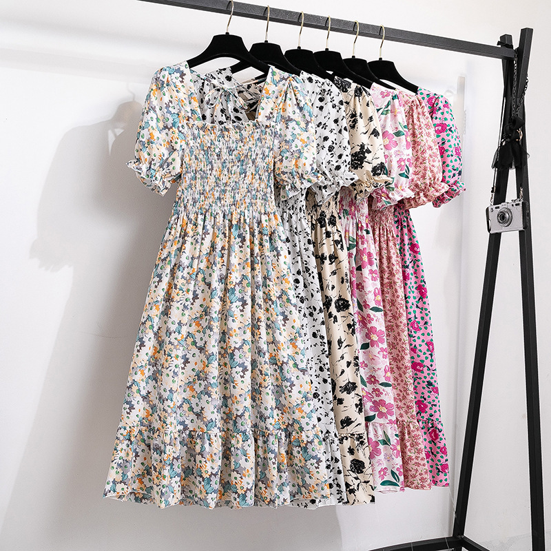 New mid-length skirt French design sense niche high-grade floral short sleeve dress summer Women New mid-length skirt French design sense niche high-grade floral short sleeve dress summer Women