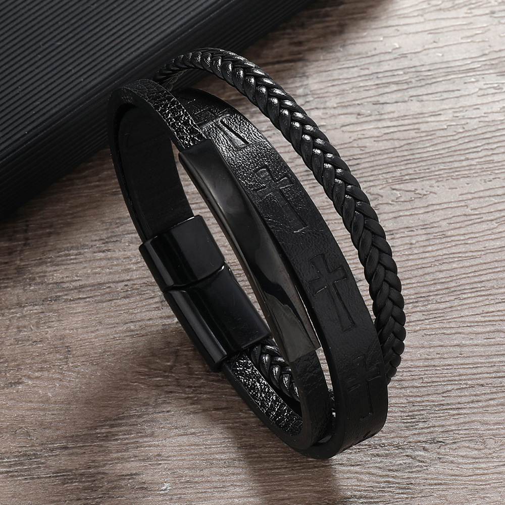 New Cross-Border Jewelry Printed Cross Men's Leather Woven Magnetic Clasp Bracelet European And American Versatile_voghion.com