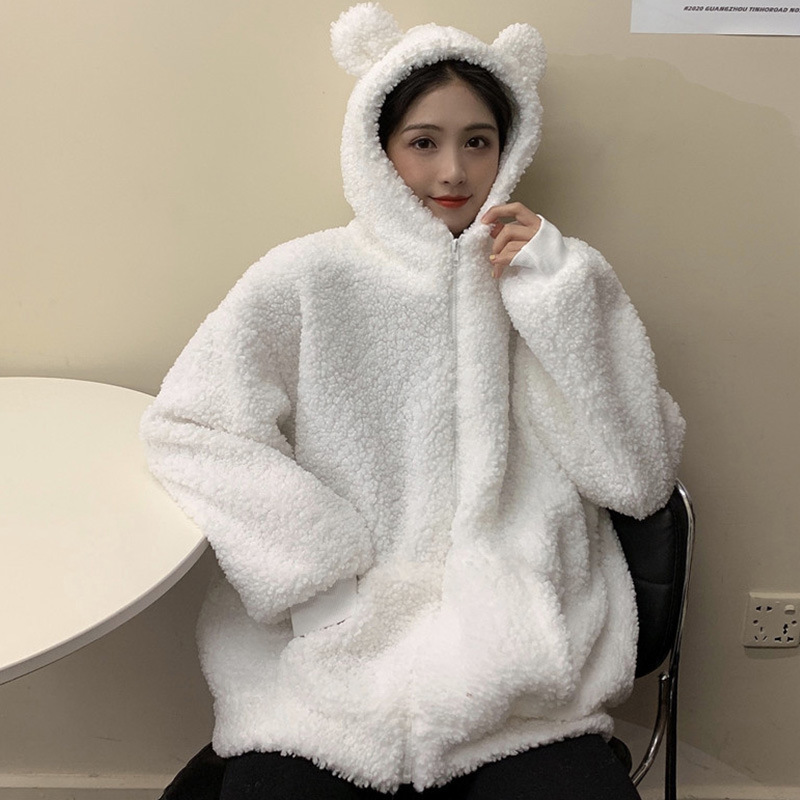 Cute Bear Ear Japanese-Style Ins Lazy Style Loose Korean Version Autumn and Winter Thickened Fluffy Lamb Wool Sweatshirt for Women