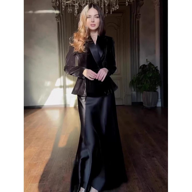 Women's Velvet Suit Jacket And Skirt Set New Fashion_ecoleips.com