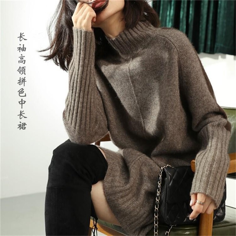 Cross-Border Autumn and Winter New Half-Turtleneck Dress Sweater Women's Mid-Length Top Loose Plus Size Women's Knitted Dress