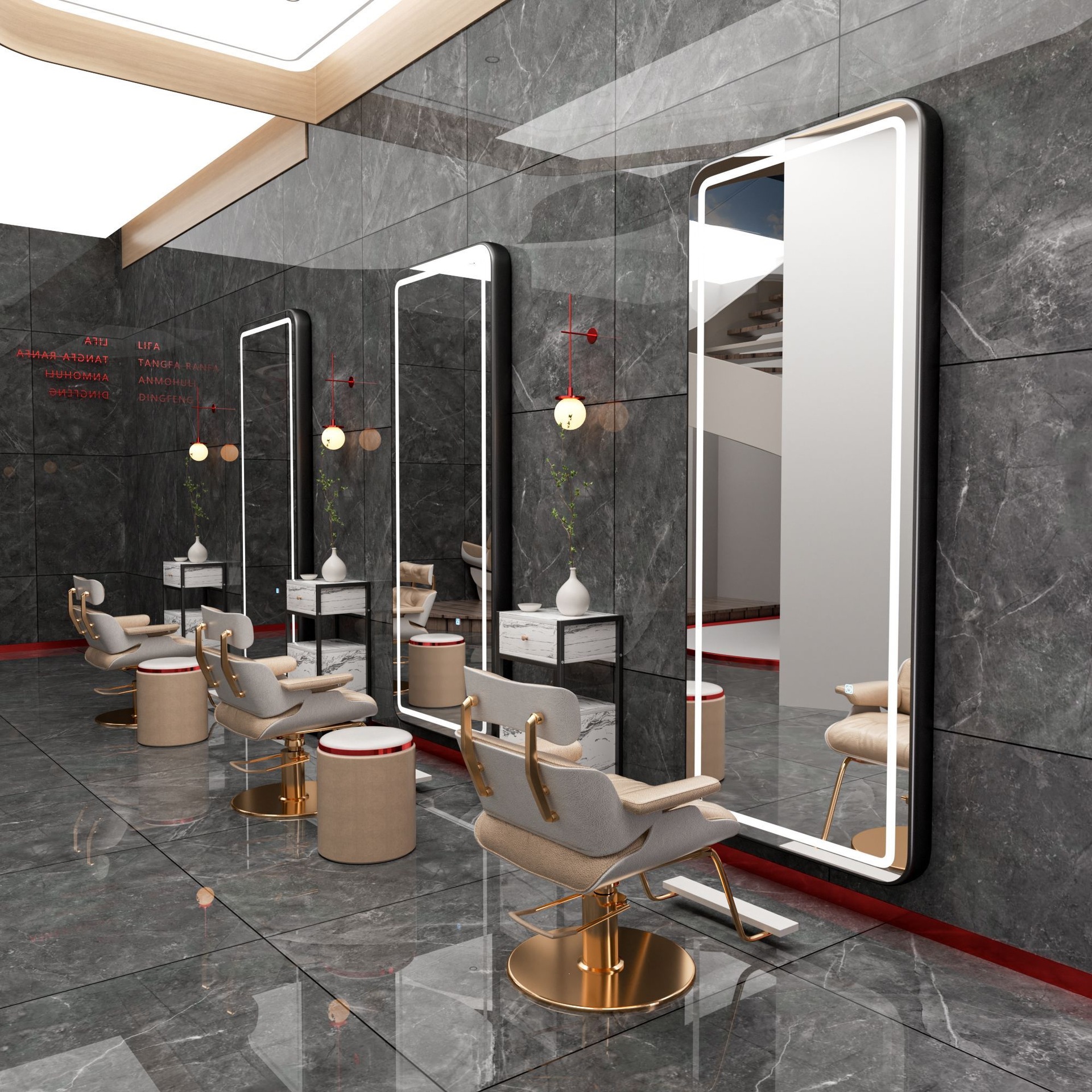 Barbería espejo salón especial barbería escaldar y teñir espejo con lámpara LED elíptica pared colgante suelo espejo de corte de pelo de lujo ligero