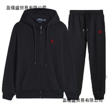 跨境潮牌刺绣小马标志抓绒拉链衫卫衣男士秋冬款连帽衫加绒套装