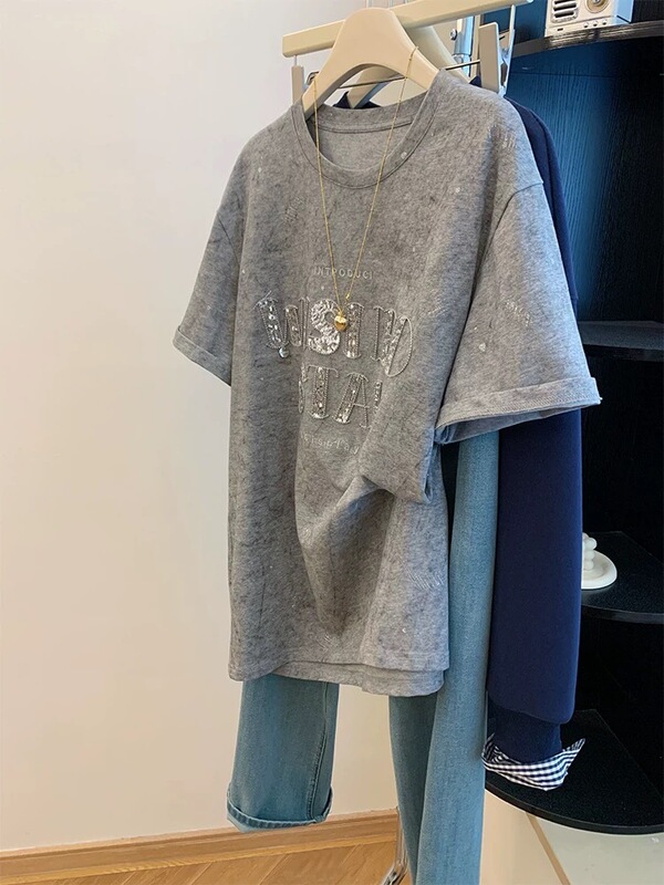 1072 # [Original Fabric] Extra Large Size 150kg Gray Tie-Dye Sequin Embroidered Short-Sleeved T-Shirt for Women Summer Top