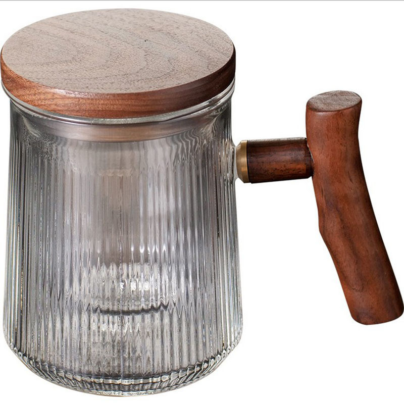 Mango de madera taza de té de tres piezas Oficina vidrio transparente martilla engrosada taza de té negro resistente al calor juego de té verde doméstico