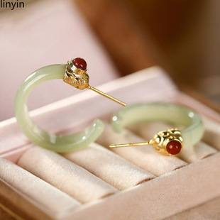 Authentic Sterling Silver Gold-Plated Southern Red Natural Hotan Jasper Contrasting Color Niche Design Han Style Han Dynasty Ring Authentic