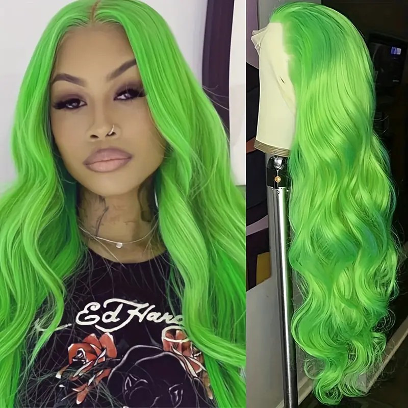 Europe and the United States cross-border special chemical fiber front lace wig 13*4 green fashion long curly hair front lace chemical fiber headgear
