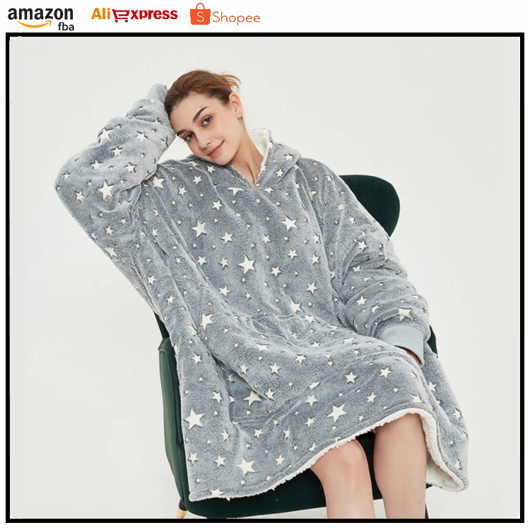 Cross-Border Amazon Luminous Pajamas Lazy Luminous Hooded Pajamas Fluorescent Nightgown Double-Sided Velvet Warm Lazy Clothes