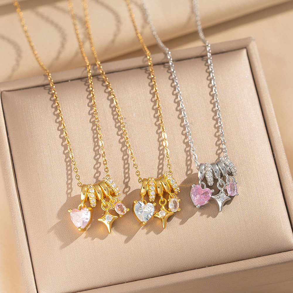 [New Style] Copper-Plated 18K Gold Cross-Border Popular Heart Necklace for Women with Sparkling Color Zircon Pendant Clavicle Chain Jewelry