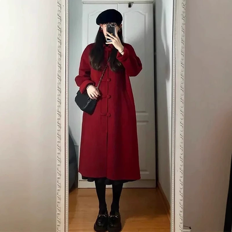 Трансграничное красное шерстяное пальто женское 2024 осень-зима новая корейская система HiPurn стиль средней и длинной шерстяной шерстяной куртки