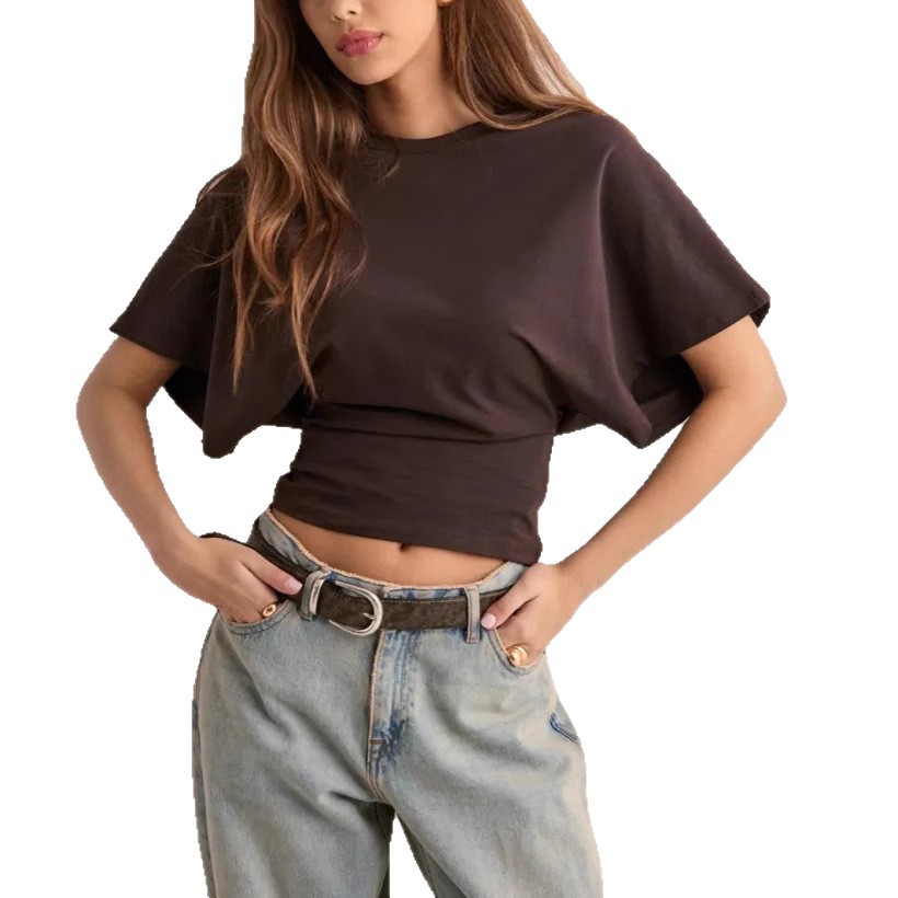 2025 Summer New Korean Version Design Round Neck Pullover Short-sleeved T-shirt Fashion Short Solid Color Women's Clothing_ecoleips.com