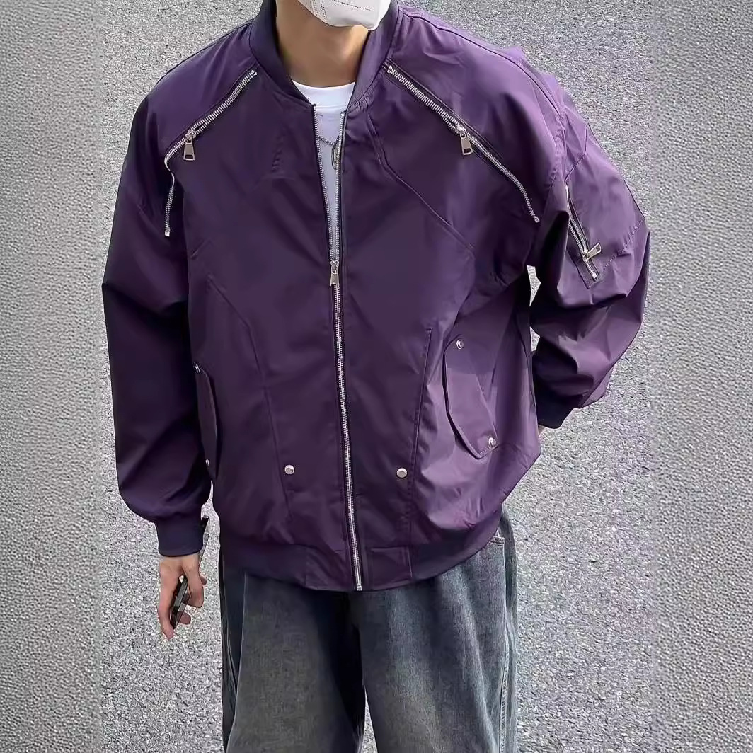 春秋季男美式高街宽松拉链装饰夹克青少年流行休闲百搭防水棒球服