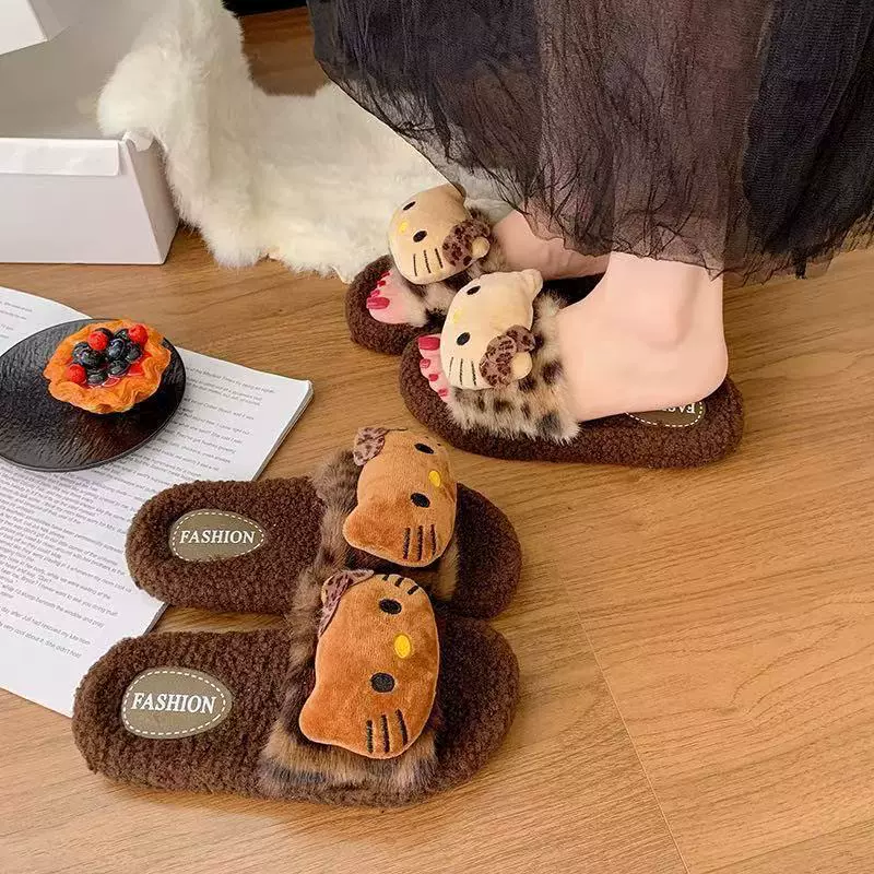豹纹凯蒂猫2025网红毛毛拖鞋女款冬季防滑可爱卡通居家外穿棉拖鞋