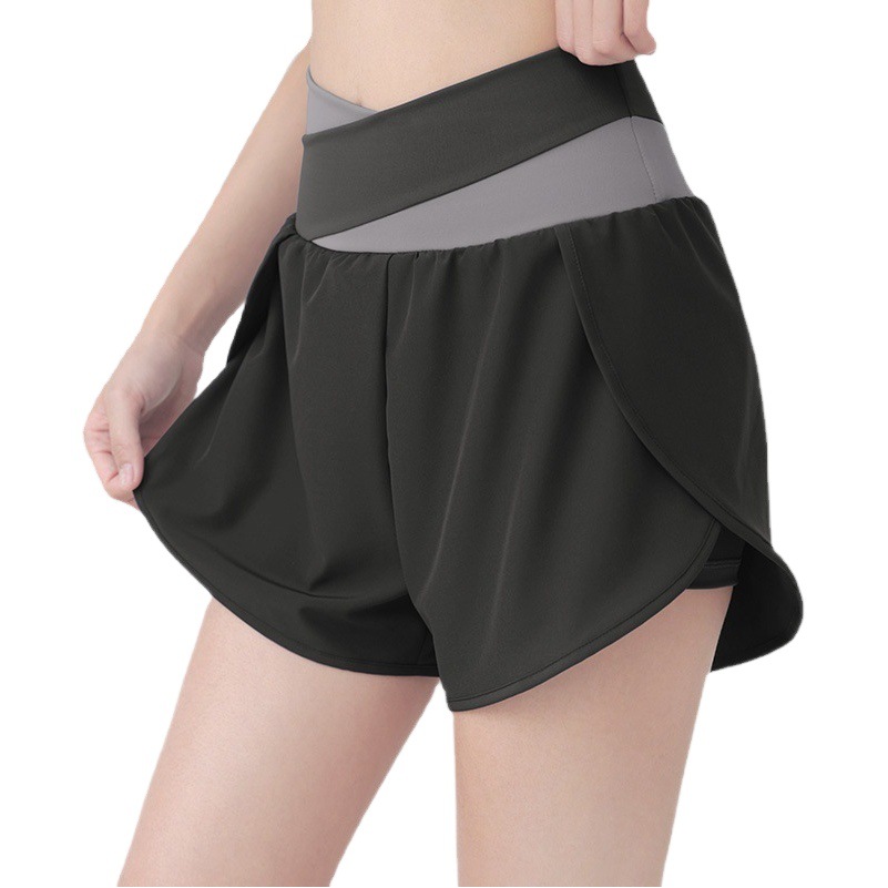 Juyitang pantalones cortos de yoga falsos de dos piezas a juego con color, ropa de fitness para correr, pantalones cortos deportivos antideslumbrantes desnudos, verano femenino