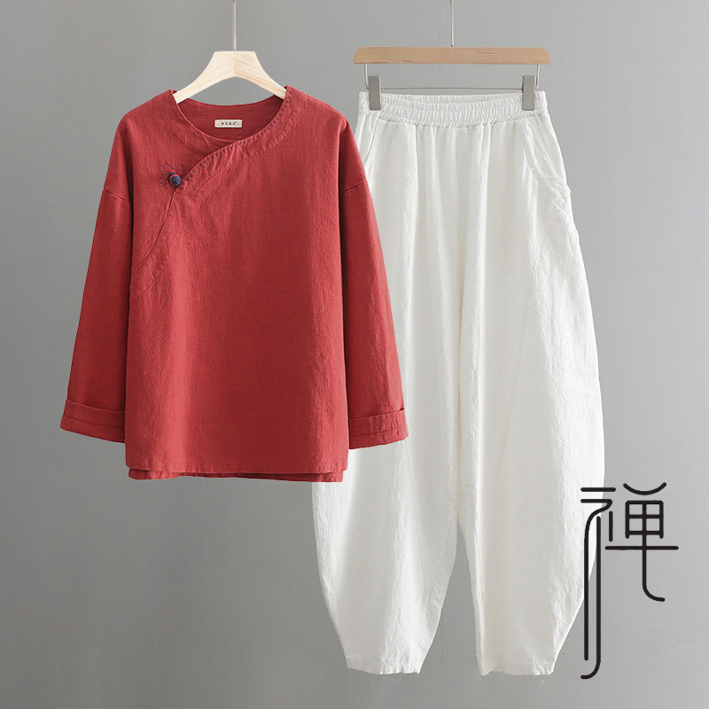 棉麻禅意佛系女装居士服秋季长袖茶服女寺院拜佛素衣禅修服女套装|undefined