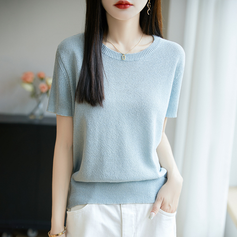 2025 New Summer Style Mulberry Silk Tencel and Paper Yarn Round Neck Knitwear Short-Sleeved T-Shirt Women's Pure Color Bottoming Shirt
