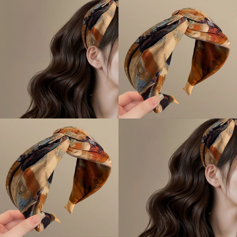 Korean High-End Smudged Hair Hoop Women's Wide-Brimmed Cross Headband 2025 New Daily Wear Hair Accessories Travel Hairpin