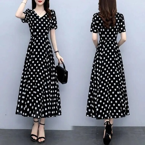 Summer 2025 New Fashion Elegant Wave Dot Trend dress Tight Waist Slimming Western Style Long Over-the-Knee Dress