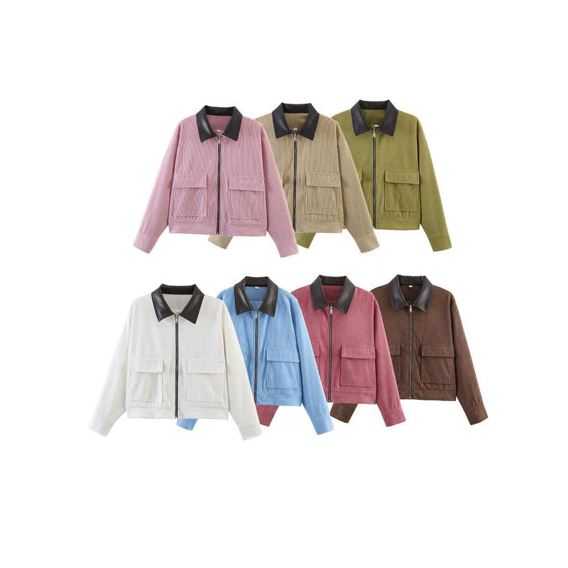 2026 New Model Foreign Trade Cross-Border European and American Style Fashion Casual Corduroy Patchwork Leather Collar Jacket for Women