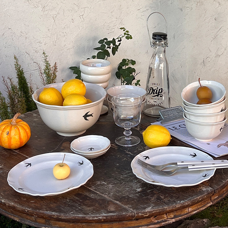Japanese-Style Swallow Relief Plate Vintage Retro Bowl and Plate Tableware Set Home Ceramic Bowls and Plates