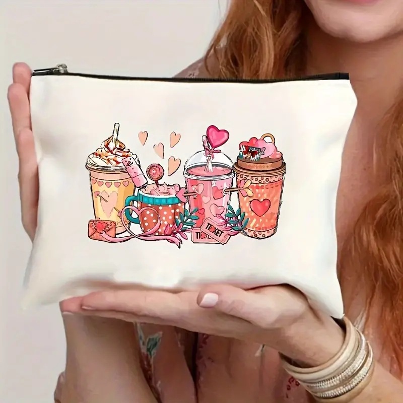 Cross-border Amazon Temu popular Día de San Valentín de lino de doble cara de impresión bolsa de cosméticos bolsa de almacenamiento de las mujeres de múltiples funciones tirón