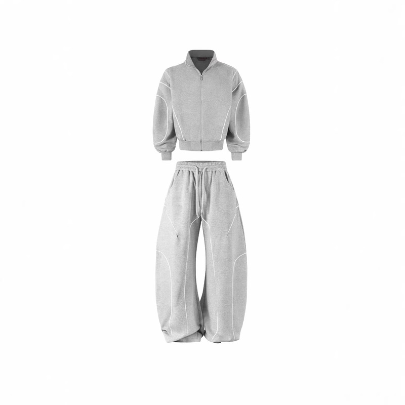 Functional Reflective Silhouette Set: Short Zip-Up Sweatshirt + Wide-Leg Sweatpants High-Street Two-Piece Set