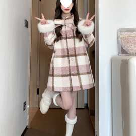 韩系甜美高级感粉色格子毛呢大衣蝴蝶结呢子外套女冬季小个子套装