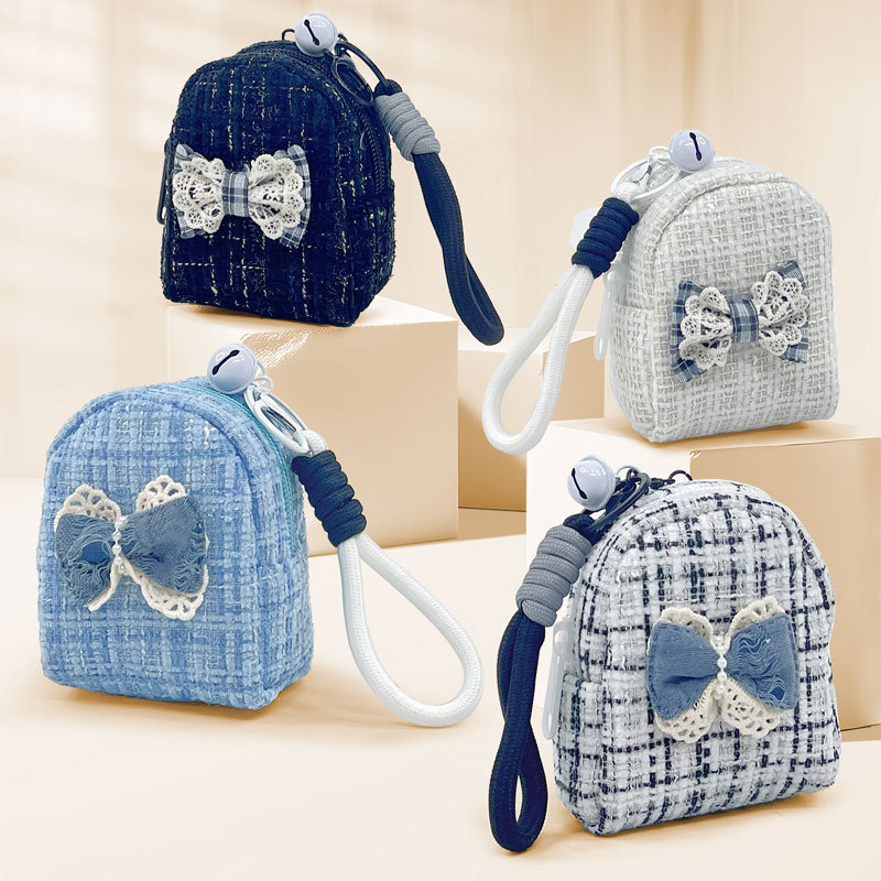 Chanel-Style Tweed Coin Purse Mini Backpack Earphone Storage Bag Bow Keychain Pendant Factory Wholesale