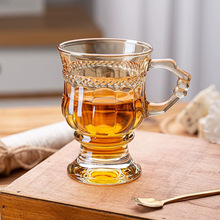 复古浮雕玻璃杯欧式下午茶咖啡杯花茶杯琥珀色高脚杯果汁杯