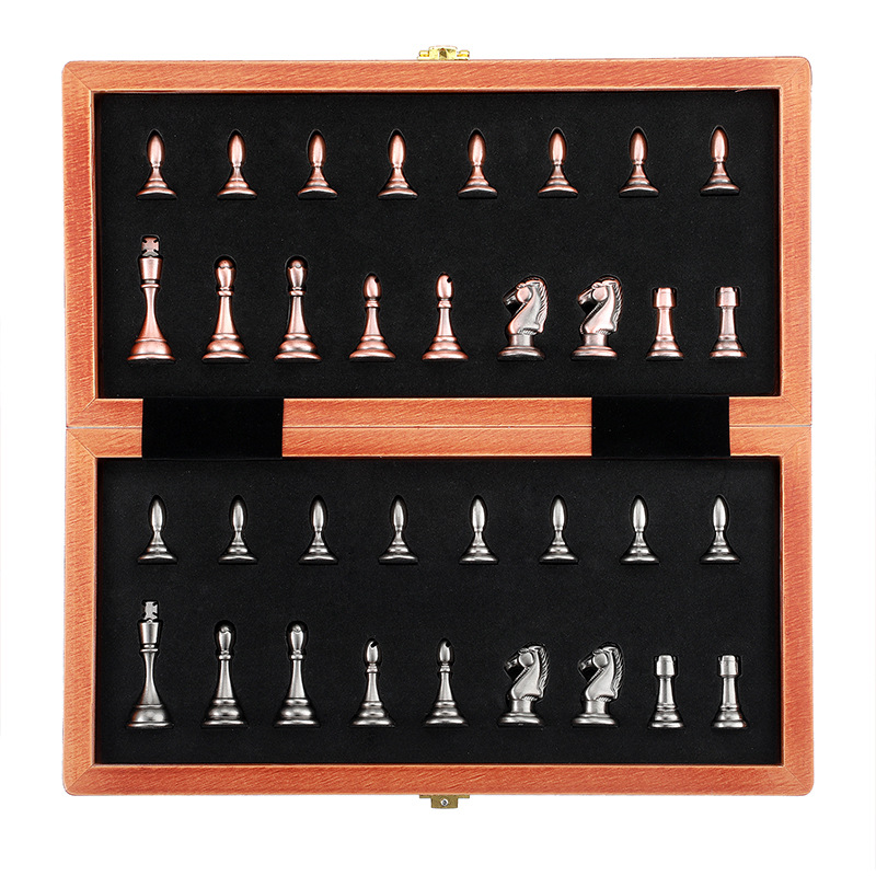 Ajedrez de metal, tablero de ajedrez plegable de madera, caja de regalo de alta gama para juegos infantiles, adornos de piezas de ajedrez occidentales, regalos