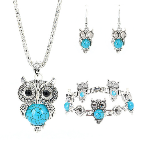 European and American retro jewelry set, turquoise inlaid owl pendant earrings, necklace, bracelet, women's popular jewelry