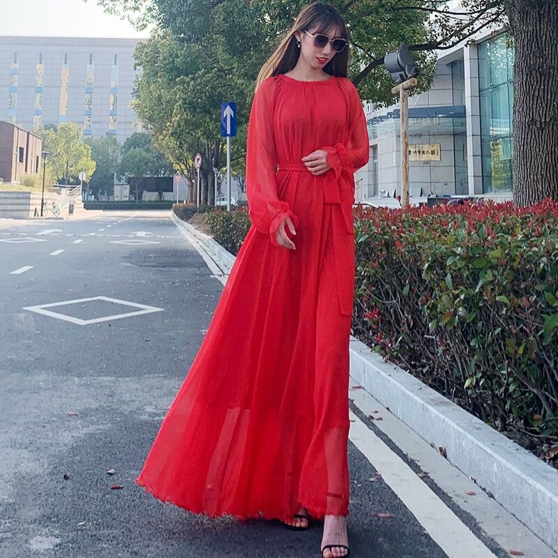 Extra Long Ankle-Length Chiffon Dress New Style Women's Seaside Vacation Loose Beach Dress Large Size Long Skirt Dancing Skirt Extra Long Ankle-Length Chiffon Dress New Style Women's Seaside Vacation Loose Beach Dress Large Size Long Skirt Dancing Skirt