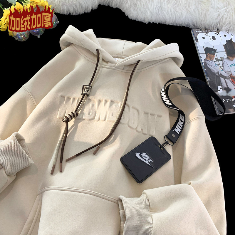 European and American Style Heavyweight Men's Hoodie, Winter Fleece-Lined and Thickened 500g Embossed Jacket, Autumn and Winter Vibe High Street Hooded Clothing