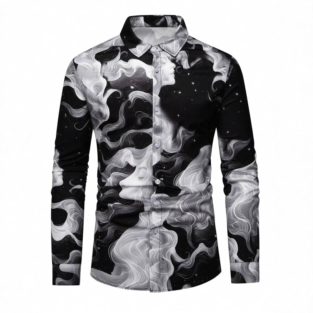 Arte abstracto 3D impresión digital primavera y otoño de los hombres calle alta ancho ancho suelto hombro de manga larga solapa botón camisa en stock