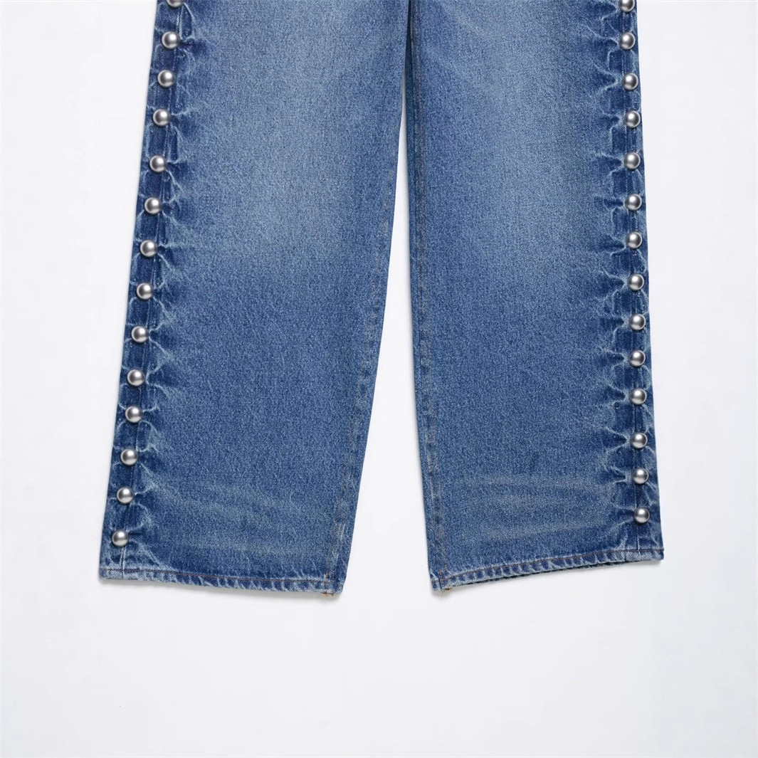 Cross-border Foreign Trade 2025 New European And American Fashion Versatile High-waisted Straight Jeans With Metal Rivet_voghion.com