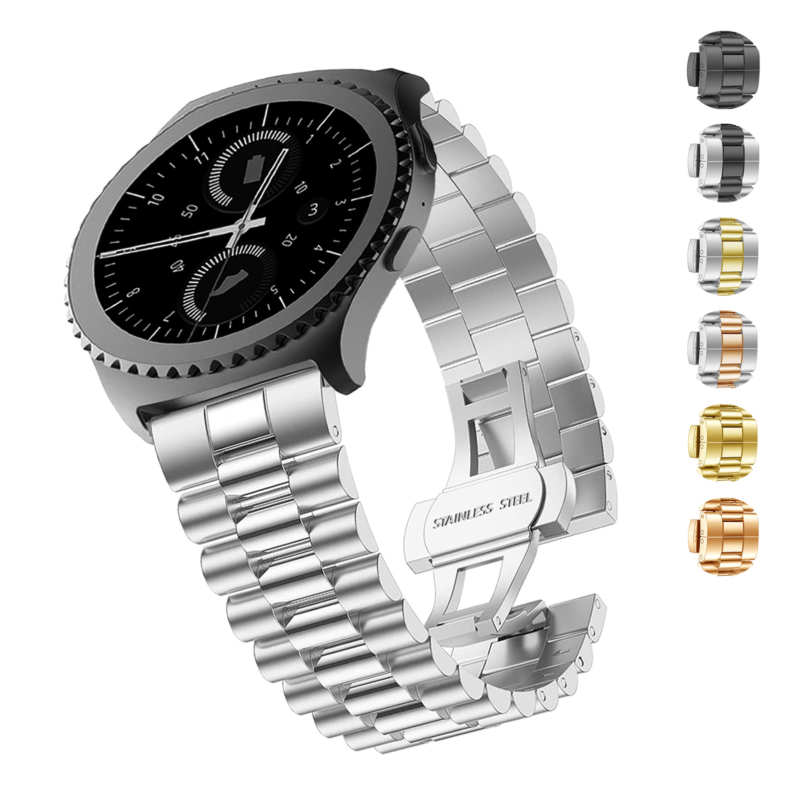 Suitable for Samsung Watch Strap Gears3Classic Huawei Gt5 Watch Strap Stainless Steel Strap New Three-Bead Watch Strap