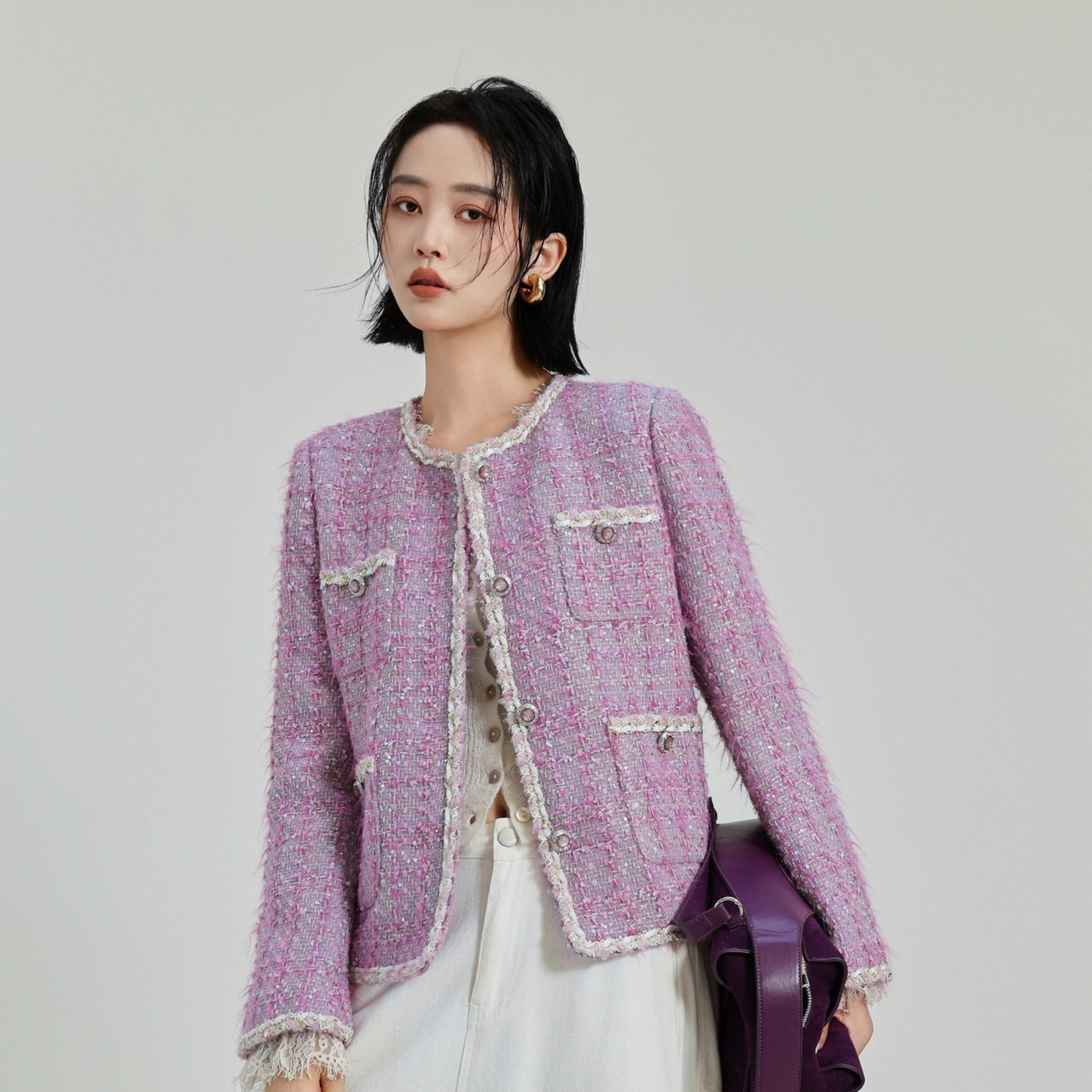 Tweed Style Purple Tweed Short Jacket for Women, Round Neck with Multiple Flap Pocket Pantss, Autum Elegant Ladylike Style Versatile Top