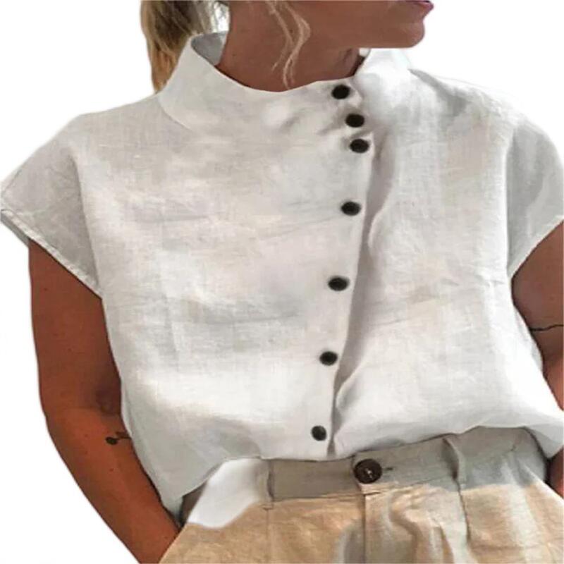 Amazon Independent Station New Button Cotton Linen Stand Collar Casual Shirt Women Comfortable Short Sleeve Shirt in Stock Amazon Independent Station New Button Cotton Linen Stand Collar Casual Shirt Women Comfortable Short Sleeve Shirt in Stock