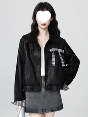 复古黑色PU皮衣外套女秋2025春秋新款蝴蝶结翻领夹克开衫短款上衣